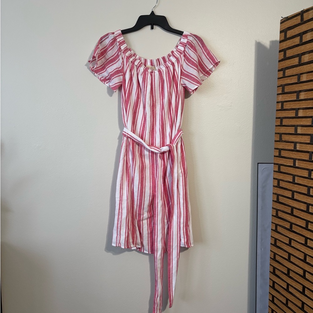 Michael Kors Striped Pink and White Off-Shoulder Dress